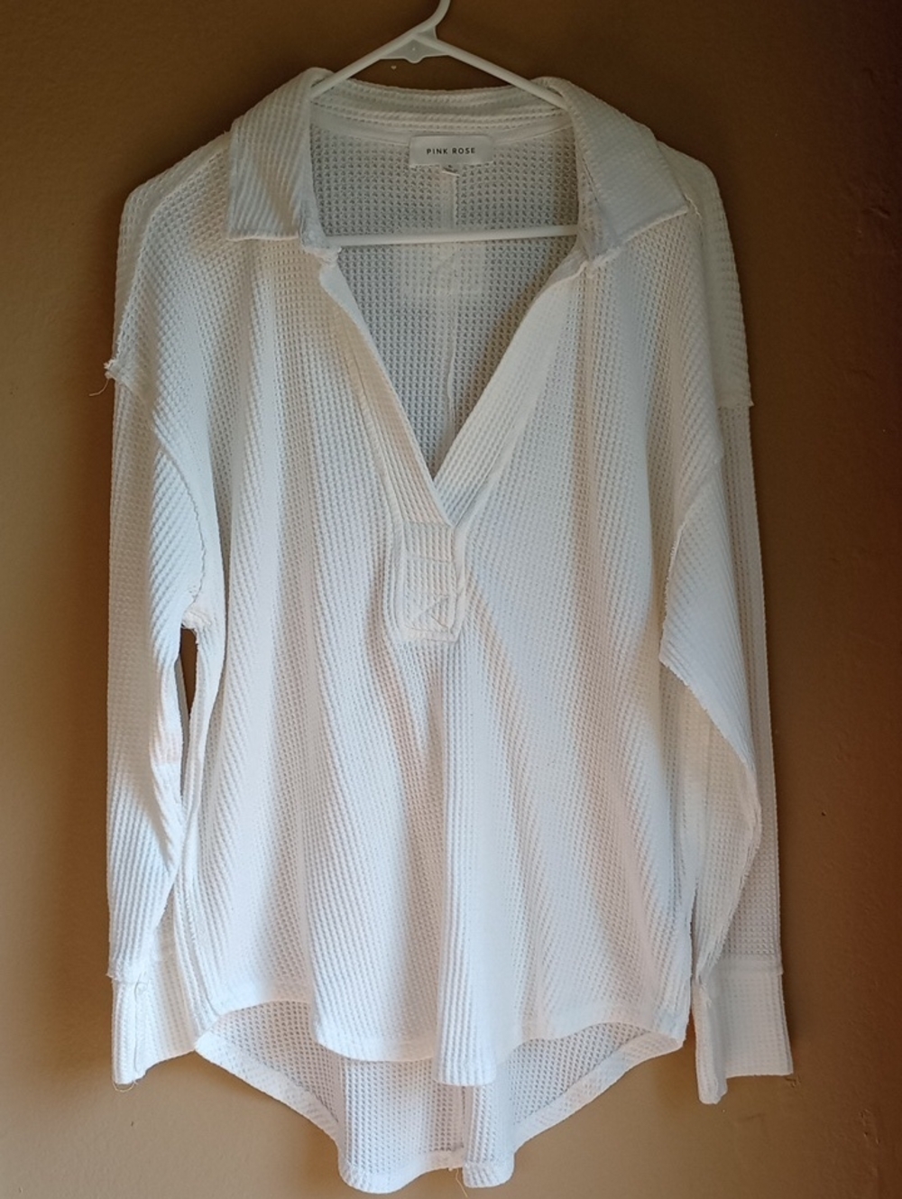 Pink Rose Waffle Knit Long Sleeve Boho White Shirt Size L
